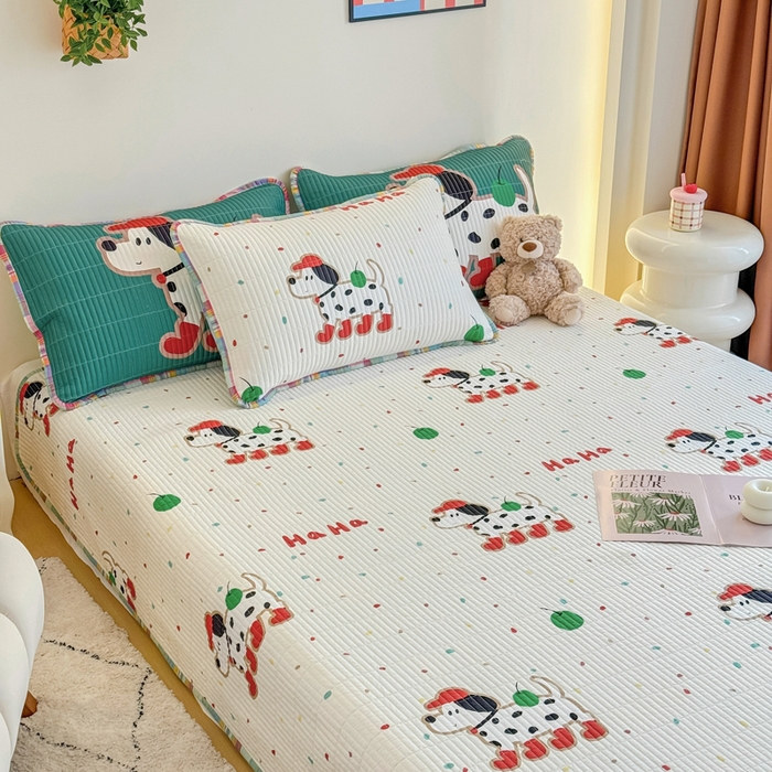 91家纺网 家纺一手货源 找家纺 橙子家居 2025新款双面纯棉夹层新疆棉花数码印花床盖四件套-第一批 斑点狗红