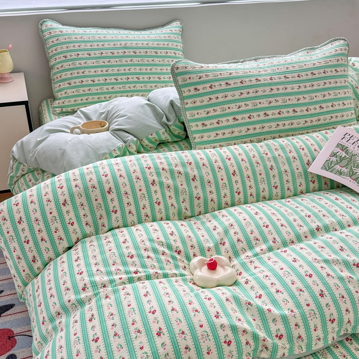 91家纺网 家纺一手货源 找家纺 橙子家居 2025新款双面全棉纯棉13372印花棉花床盖四件套-第二批 雾夏-绿