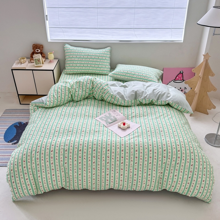 91家纺网 家纺一手货源 找家纺 橙子家居 2025新款双面全棉纯棉13372印花棉花床盖四件套-第二批 雾夏-绿