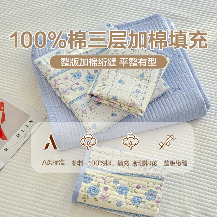 橙子家居 2025新款双面纯棉夹层新疆棉花数码印花床盖四件套-第一批 花蔓蓝