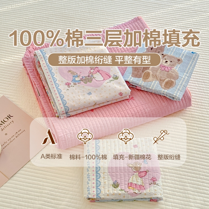 橙子家居 2025新款双面纯棉夹层新疆棉花数码印花床盖四件套-第一批 花兔