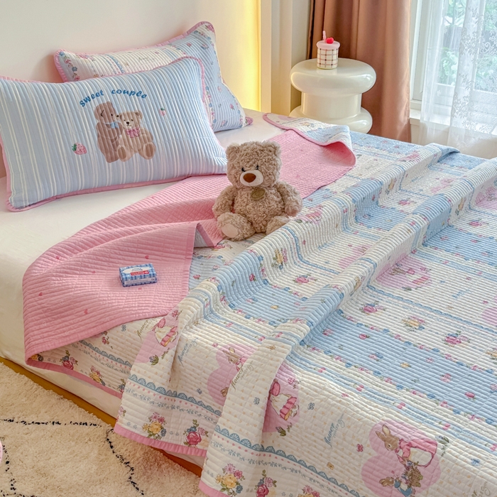 91家纺网 家纺一手货源 找家纺 橙子家居 2025新款双面纯棉夹层新疆棉花数码印花床盖四件套-第一批 花兔