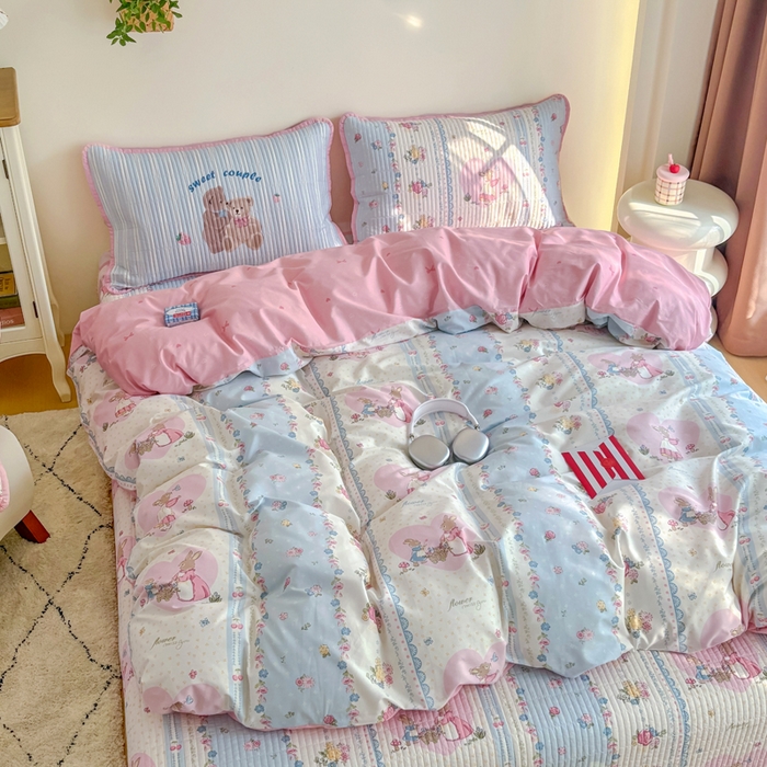 91家纺网 家纺一手货源 找家纺 橙子家居 2025新款双面纯棉夹层新疆棉花数码印花床盖四件套-第一批 花兔