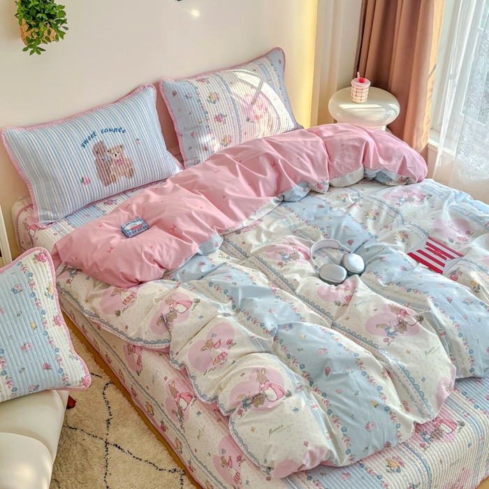 91家纺网 家纺一手货源 找家纺 橙子家居 2025新款双面纯棉夹层新疆棉花数码印花床盖四件套-第一批 花兔