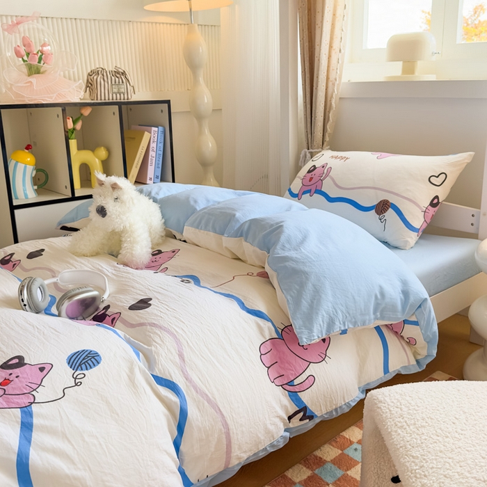 91家纺网 家纺一手货源 找家纺 港岛妹妹 2025新款云朵水洗工艺学生床宿舍上下铺三件套 线条喵