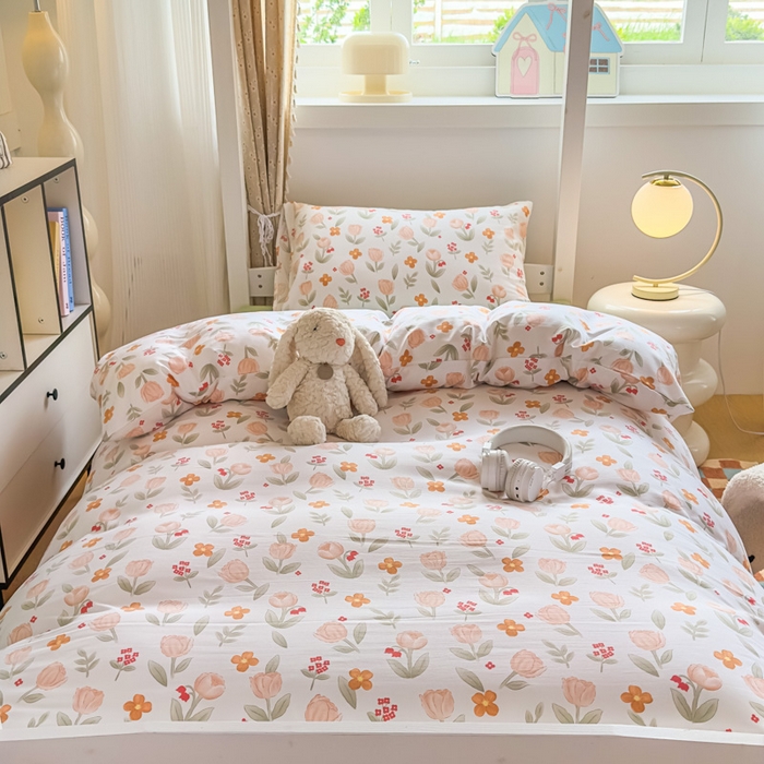 91家纺网 家纺一手货源 找家纺 港岛妹妹 2025新款云朵水洗工艺学生床宿舍上下铺三件套 欣然花开
