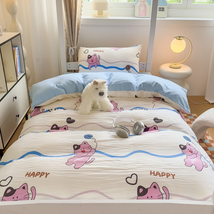 91家纺网 家纺一手货源 找家纺 海岛哥哥 2025新款云朵水洗棉学生床宿舍上下铺三件套 线条喵