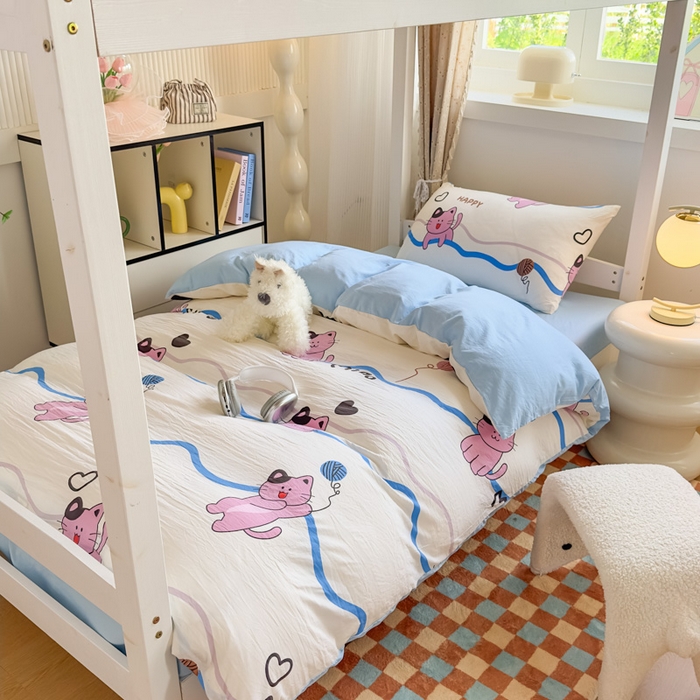 91家纺网 家纺一手货源 找家纺 海岛哥哥 2025新款云朵水洗棉学生床宿舍上下铺三件套 线条喵