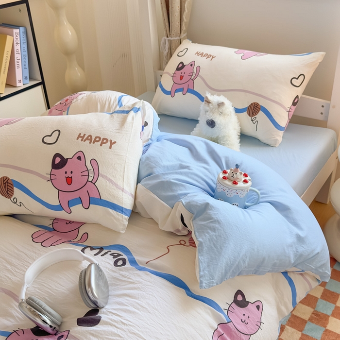 91家纺网 家纺一手货源 找家纺 海岛哥哥 2025新款云朵水洗棉学生床宿舍上下铺三件套 线条喵