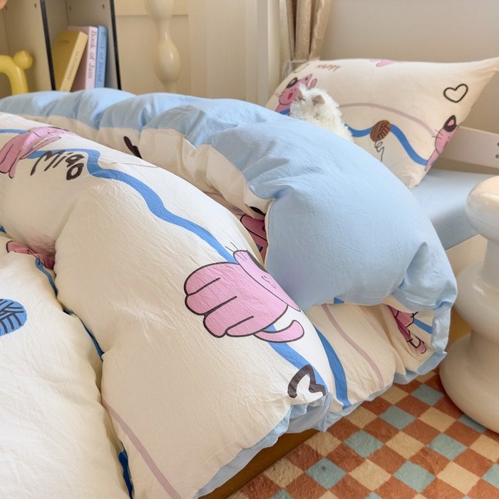 91家纺网 家纺一手货源 找家纺 海岛哥哥 2025新款云朵水洗棉学生床宿舍上下铺三件套 线条喵