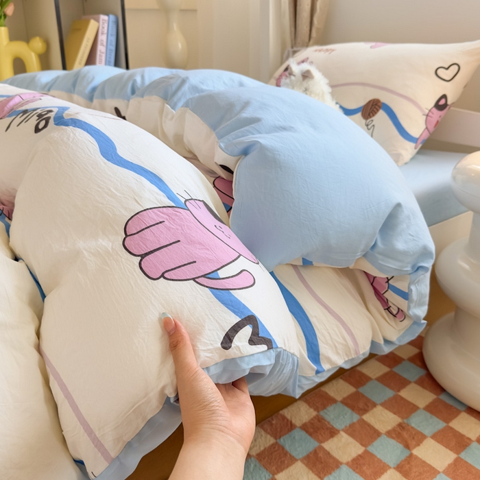 91家纺网 家纺一手货源 找家纺 海岛哥哥 2025新款云朵水洗棉学生床宿舍上下铺三件套 线条喵