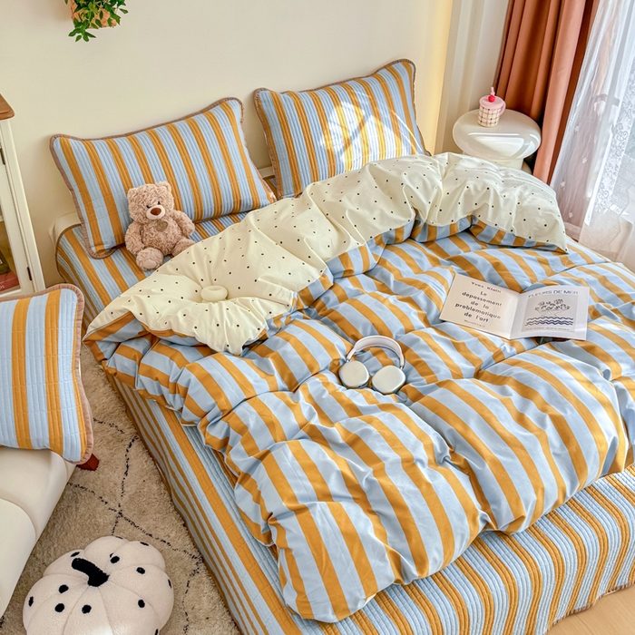 91家纺网 家纺一手货源 找家纺 橙子家居 2025新款双面纯棉夹层新疆棉花数码印花床盖四件套-第一批 黄宽条