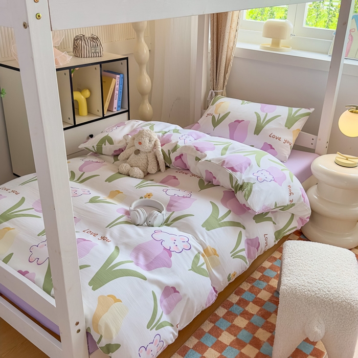 91家纺网 家纺一手货源 找家纺 港岛妹妹 2025新款云朵水洗工艺学生床宿舍上下铺三件套 郁金香紫