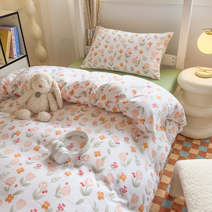 91家纺网 家纺一手货源 找家纺 海岛哥哥 2025新款云朵水洗棉学生床宿舍上下铺三件套 欣然花开