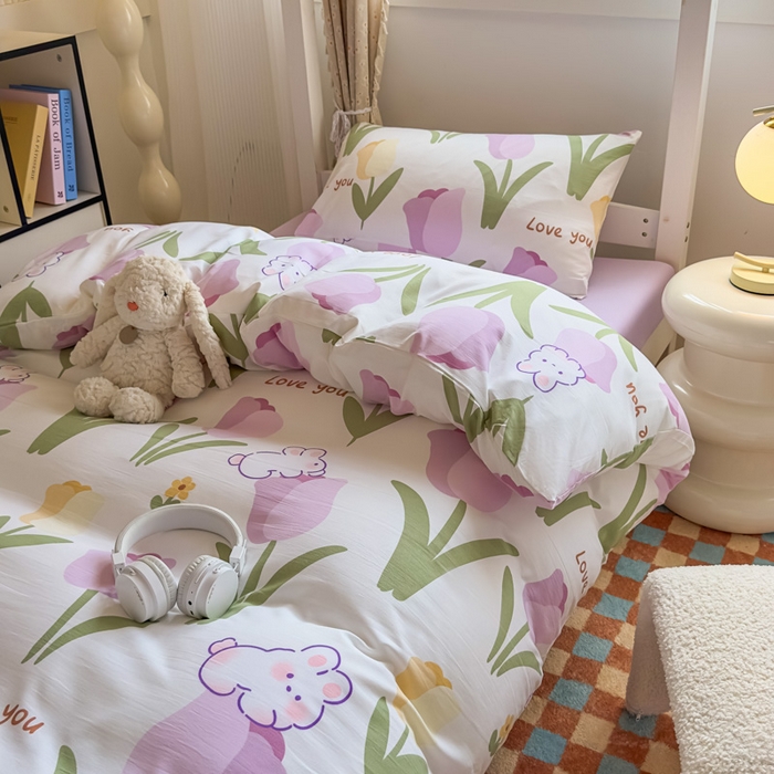 91家纺网 家纺一手货源 找家纺 海岛哥哥 2025新款云朵水洗棉学生床宿舍上下铺三件套 郁金香紫