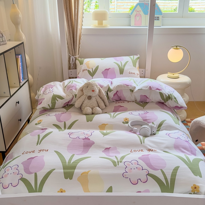 91家纺网 家纺一手货源 找家纺 海岛哥哥 2025新款云朵水洗棉学生床宿舍上下铺三件套 郁金香紫