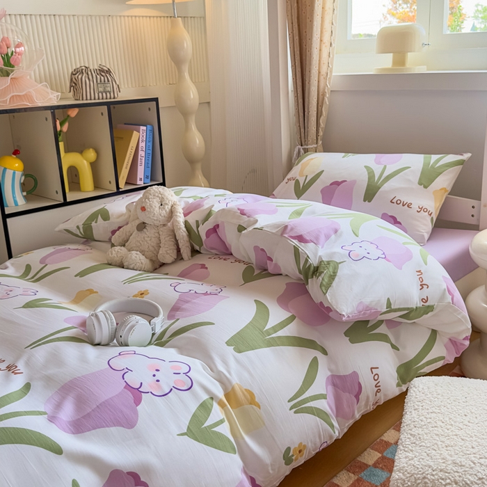 91家纺网 家纺一手货源 找家纺 海岛哥哥 2025新款云朵水洗棉学生床宿舍上下铺三件套 郁金香紫