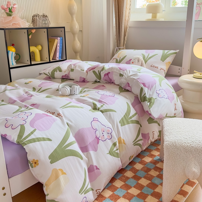 91家纺网 家纺一手货源 找家纺 海岛哥哥 2025新款云朵水洗棉学生床宿舍上下铺三件套 郁金香紫