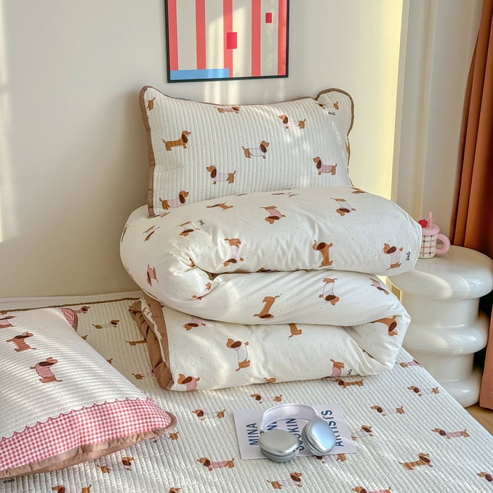 91家纺网 家纺一手货源 找家纺 橙子家居 2025新款双面纯棉夹层新疆棉花数码印花床盖四件套-第一批 淑女狗