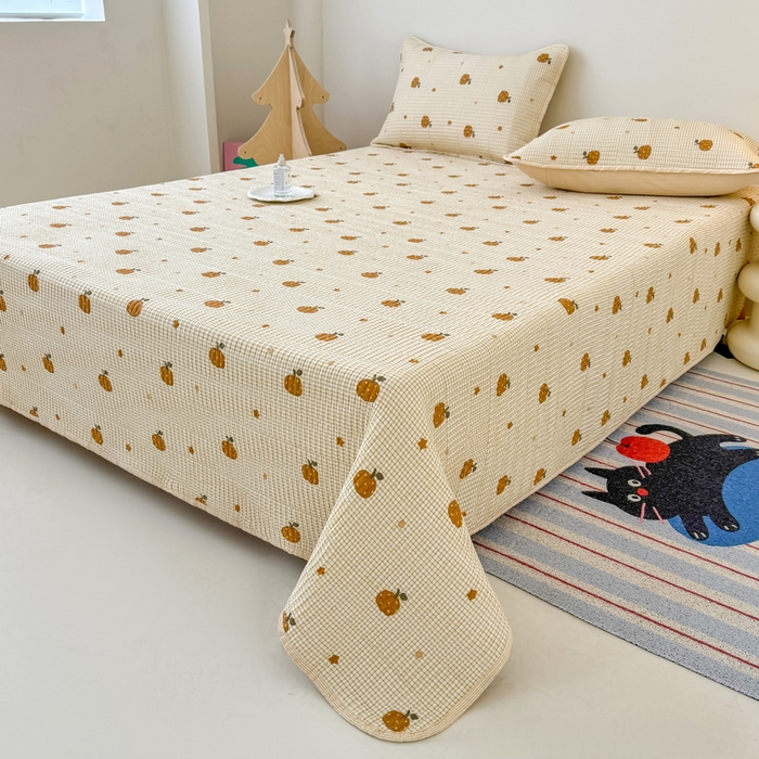 91家纺网 家纺一手货源 找家纺 橙子家居 2025新款双面全棉纯棉砂洗夹棉床盖三件套 甜心南瓜