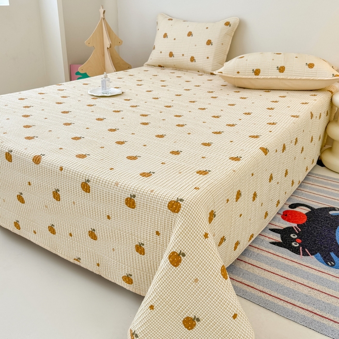 91家纺网 家纺一手货源 找家纺 橙子家居 2025新款双面全棉纯棉砂洗夹棉床盖三件套 甜心南瓜