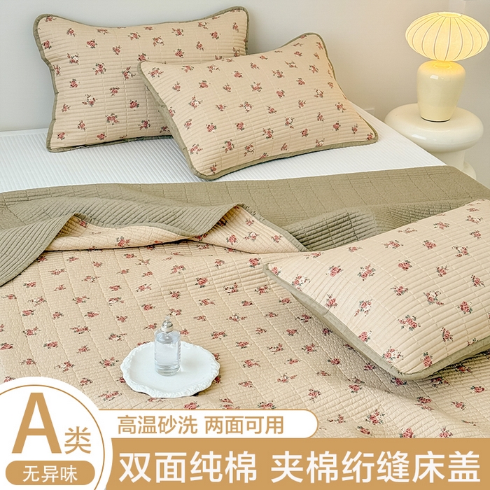 91家纺网 家纺一手货源 找家纺 橙子家居 2025新款双面全棉纯棉砂洗夹棉床盖三件套 贝丽花都