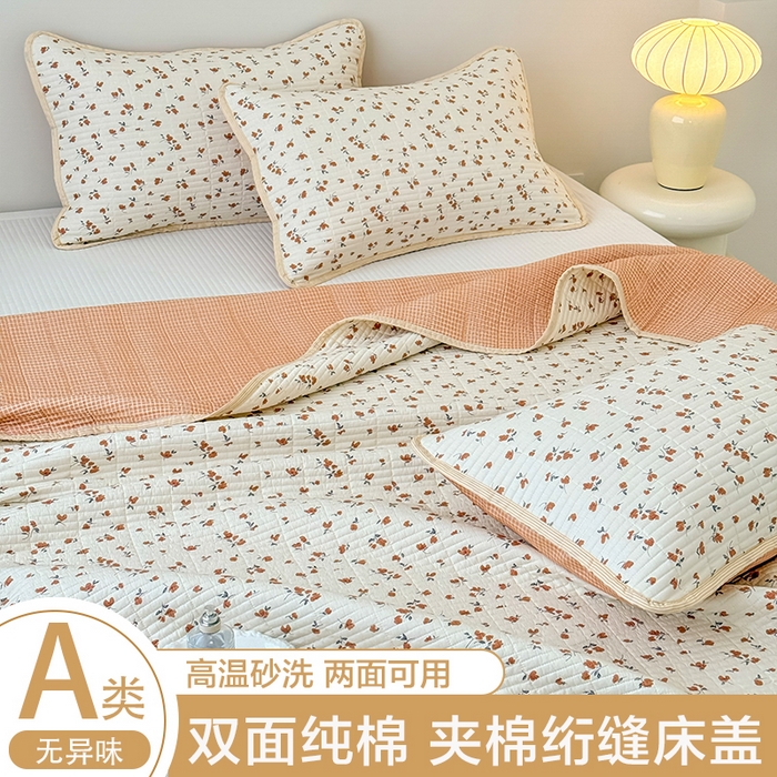 91家纺网 家纺一手货源 找家纺 橙子家居 2025新款双面全棉纯棉砂洗夹棉床盖三件套 梦露花园