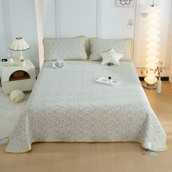 91家纺网 家纺一手货源 找家纺 橙子家居 2025新款双面全棉纯棉砂洗夹棉床盖三件套 莫娇-黄