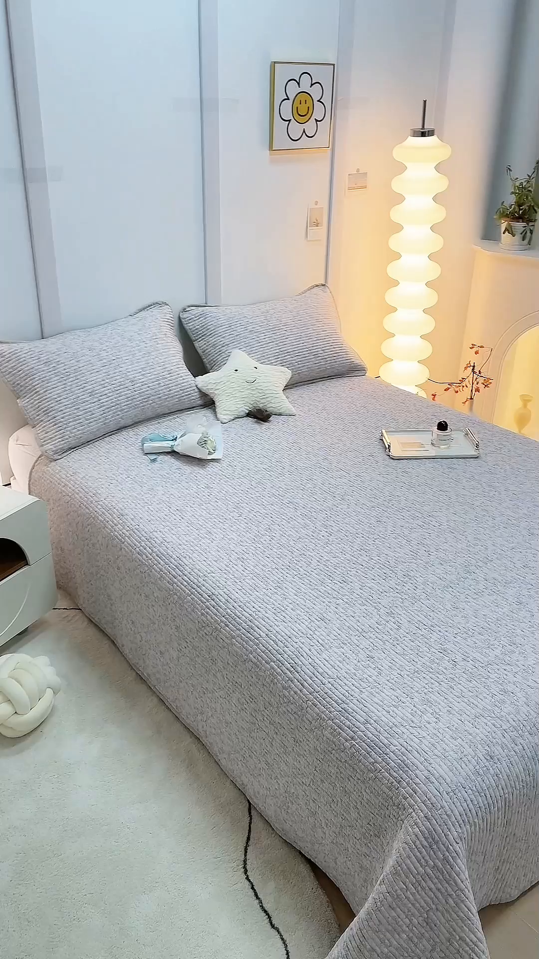 91家纺网 家纺一手货源 找家纺 橙子家居 2025新款双面全棉纯棉砂洗夹棉床盖三件套 雾里花-粉