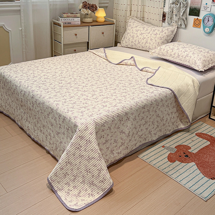 91家纺网 家纺一手货源 找家纺 橙子家居 2025年新款小清新全棉高温砂洗棉花床盖四件套跑量款床盖单面纯棉 春风里-紫