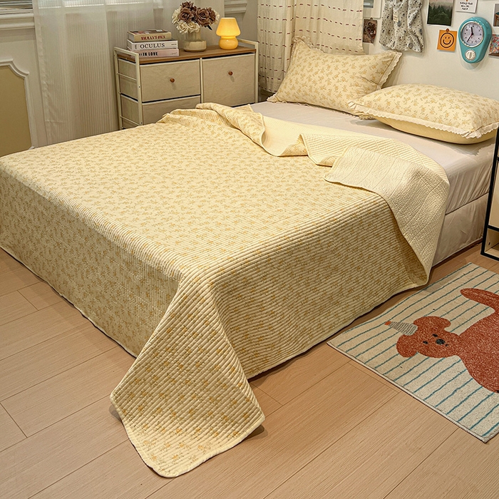 91家纺网 家纺一手货源 找家纺 橙子家居 2025年新款小清新全棉高温砂洗棉花床盖四件套跑量款床盖单面纯棉 琥珀流光