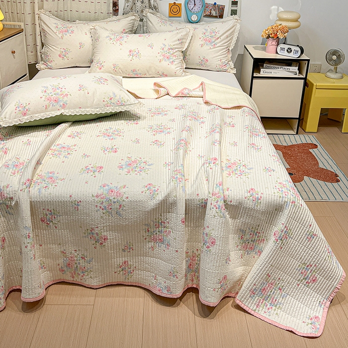 91家纺网 家纺一手货源 找家纺 橙子家居 2025年新款小清新全棉高温砂洗棉花床盖四件套跑量款床盖单面纯棉 甜甜夏日