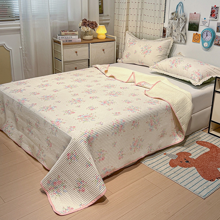 91家纺网 家纺一手货源 找家纺 橙子家居 2025年新款小清新全棉高温砂洗棉花床盖四件套跑量款床盖单面纯棉 甜甜夏日