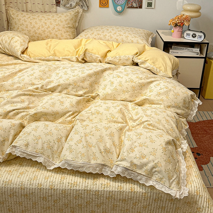 91家纺网 家纺一手货源 找家纺 橙子家居 2025年新款小清新全棉高温砂洗棉花床盖四件套跑量款床盖单面纯棉 琥珀流光