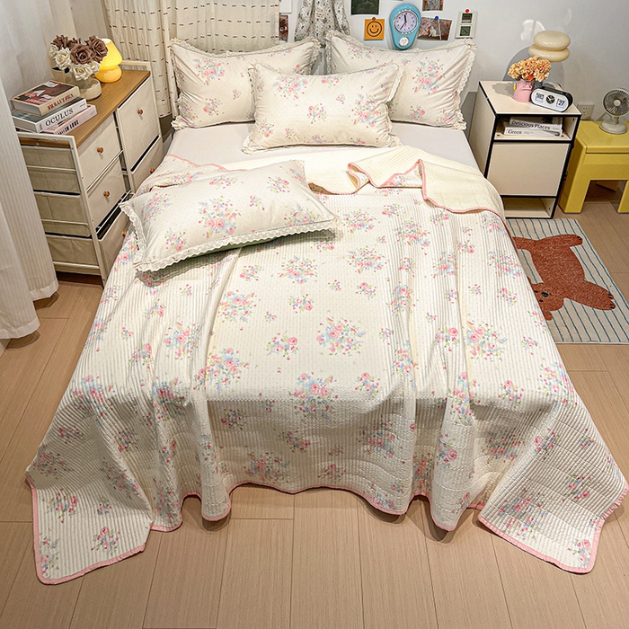 91家纺网 家纺一手货源 找家纺 橙子家居 2025年新款小清新全棉高温砂洗棉花床盖四件套跑量款床盖单面纯棉 甜甜夏日