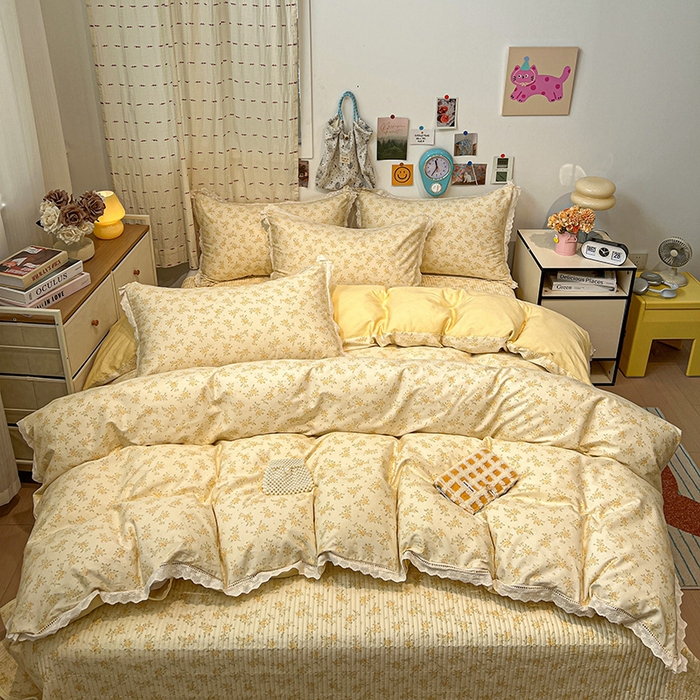 91家纺网 家纺一手货源 找家纺 橙子家居 2025年新款小清新全棉高温砂洗棉花床盖四件套跑量款床盖单面纯棉 琥珀流光