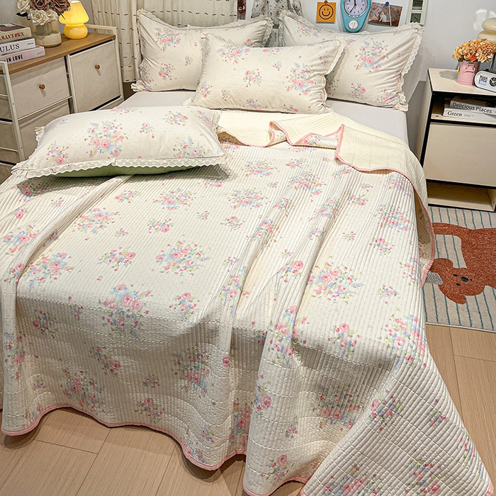 91家纺网 家纺一手货源 找家纺 橙子家居 2025年新款小清新全棉高温砂洗棉花床盖四件套跑量款床盖单面纯棉 甜甜夏日