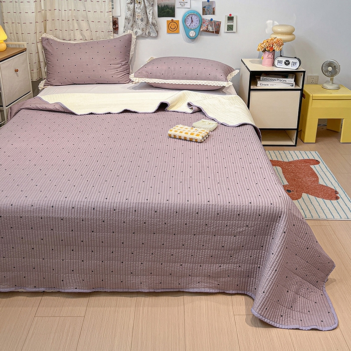 91家纺网 家纺一手货源 找家纺 橙子家居 2025年新款小清新全棉高温砂洗棉花床盖四件套跑量款床盖单面纯棉 芋泥啵啵