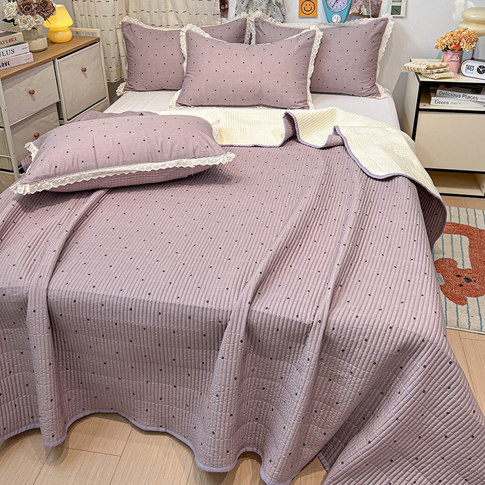 91家纺网 家纺一手货源 找家纺 橙子家居 2025年新款小清新全棉高温砂洗棉花床盖四件套跑量款床盖单面纯棉 芋泥啵啵