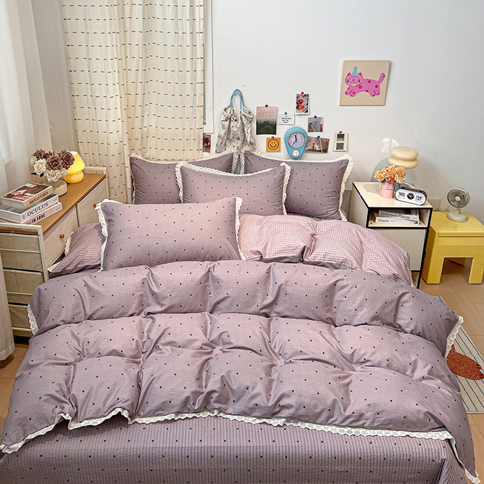 91家纺网 家纺一手货源 找家纺 橙子家居 2025年新款小清新全棉高温砂洗棉花床盖四件套跑量款床盖单面纯棉 芋泥啵啵