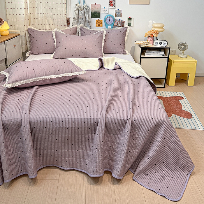 91家纺网 家纺一手货源 找家纺 橙子家居 2025年新款小清新全棉高温砂洗棉花床盖四件套跑量款床盖单面纯棉 芋泥啵啵