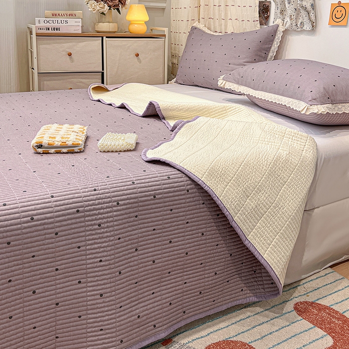 91家纺网 家纺一手货源 找家纺 橙子家居 2025年新款小清新全棉高温砂洗棉花床盖四件套跑量款床盖单面纯棉 芋泥啵啵