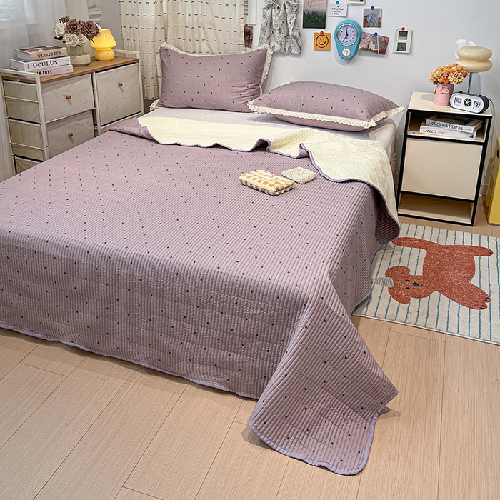 91家纺网 家纺一手货源 找家纺 橙子家居 2025年新款小清新全棉高温砂洗棉花床盖四件套跑量款床盖单面纯棉 芋泥啵啵