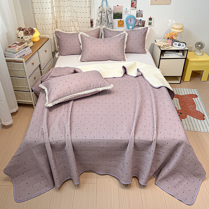 91家纺网 家纺一手货源 找家纺 橙子家居 2025年新款小清新全棉高温砂洗棉花床盖四件套跑量款床盖单面纯棉 芋泥啵啵