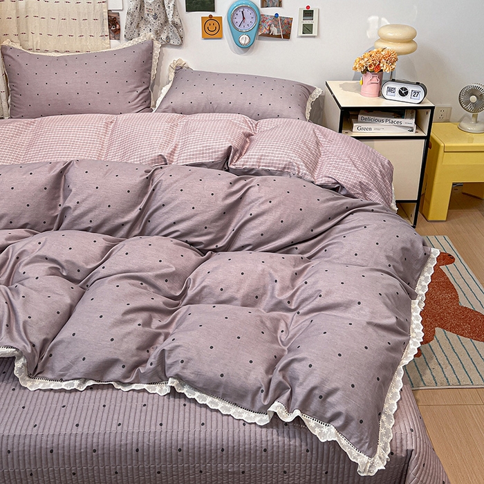 91家纺网 家纺一手货源 找家纺 橙子家居 2025年新款小清新全棉高温砂洗棉花床盖四件套跑量款床盖单面纯棉 芋泥啵啵