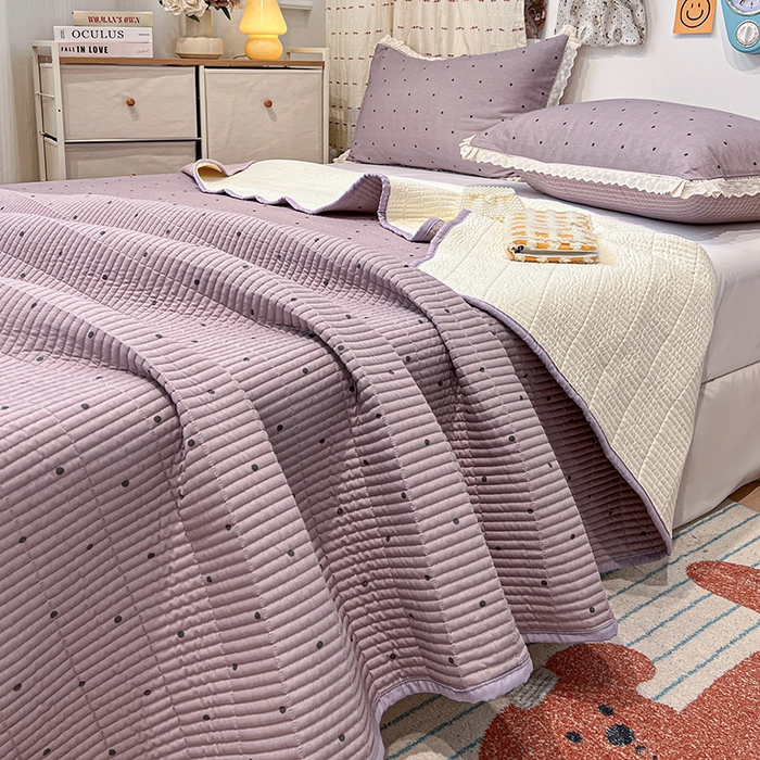 91家纺网 家纺一手货源 找家纺 橙子家居 2025年新款小清新全棉高温砂洗棉花床盖四件套跑量款床盖单面纯棉 芋泥啵啵