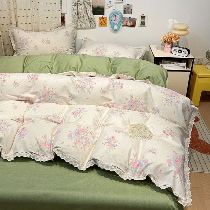 91家纺网 家纺一手货源 找家纺 橙子家居 2025新款小清新全棉纯棉花边款床单四件套 甜甜夏日