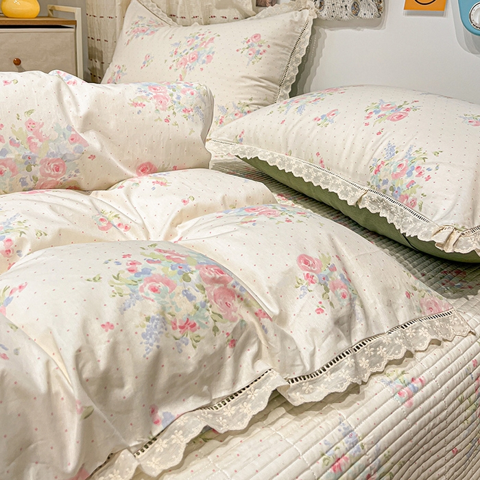 91家纺网 家纺一手货源 找家纺 橙子家居 2025新款小清新全棉纯棉花边款床单四件套 甜甜夏日