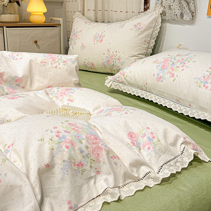 91家纺网 家纺一手货源 找家纺 橙子家居 2025新款小清新全棉纯棉花边款床单四件套 甜甜夏日