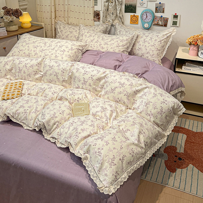 91家纺网 家纺一手货源 找家纺 （总）橙子家居 2025新款小清新全棉纯棉花边款床单四件套